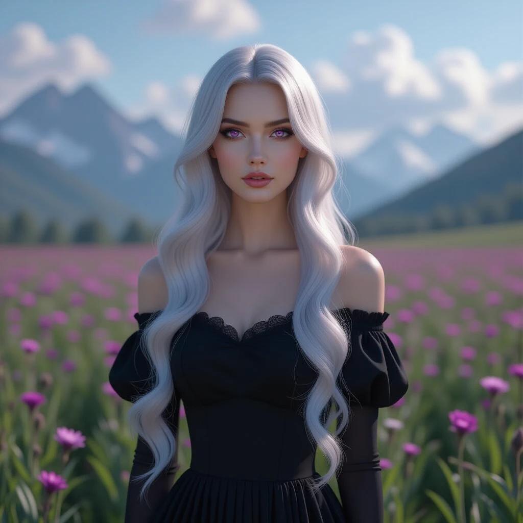 Woman poses in flower field with mountains. She wears an off-shoulder black dress. Silver hair flows down her shoulders. Surrealistic artwork creates vibrant atmosphere. Scene includes purple sunset and clouds. Ethereal glow surrounds the image. Soft purple hues and mist linger in air.