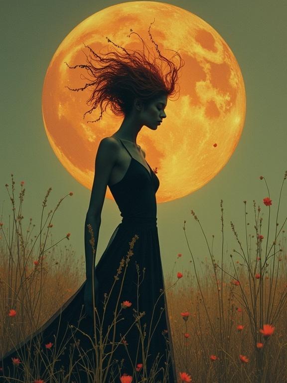 A silhouette of a woman stands gracefully against a large glowing moon. The background features swaying grass and flowers. The scene is dreamlike and surreal. The woman's pose conveys elegant strength. The mood is enchanting and mysterious.