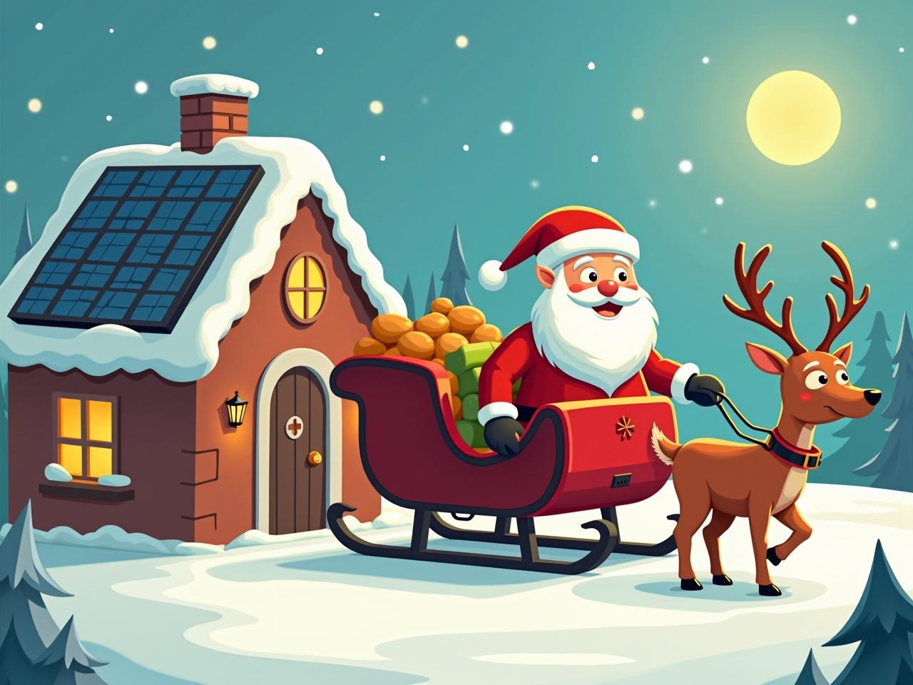 Santa Claus with a red sleigh and reindeer at a snow-covered house with solar panels. Bright moon in the sky. Cartoon illustration.