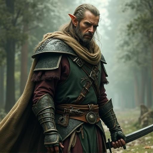 Epic and realistic fantasy setting featuring an elf warrior from D&D. Intricate details in costume and armor. Surrounded by a forest environment. Focus on character strength and elegance.