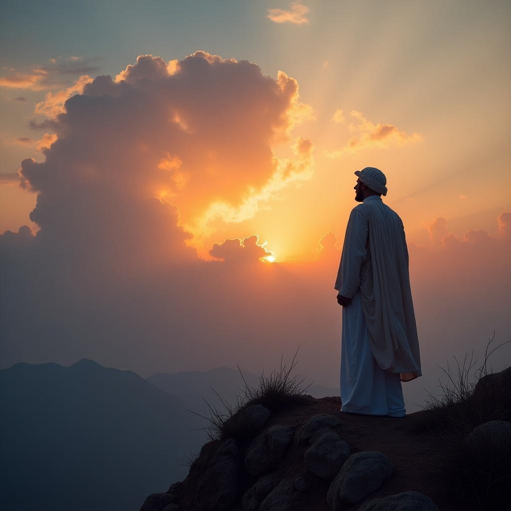 Image depicts a Muslim man in traditional clothing at a mountain edge. He looks at a colorful sunset sky with fluffy clouds. His stance suggests contemplation and hope. The rugged landscape adds a tranquil feel.