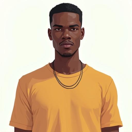 A flat 2D illustration of a Black male directly facing and looking at the camera. Full frontal view with full bright light. Solid color t-shirt without accessories. No background. Style similar to Grand Theft Auto III, Grand Theft Auto Vice City, Grand Theft Auto San Andreas.