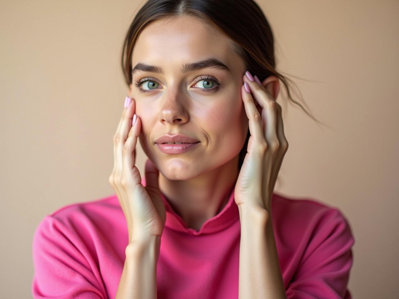 The image portrays a person with even lighting on their face, making features appear well-defined and clear. The individual is no longer resting their hand on their face, allowing for a natural posture. The background remains softly blurred, emphasizing the individual. The expression shows a calm demeanor, enhancing the overall tranquility of the scene. The person is dressed in a vibrant pink top, which stands out against the neutral background.