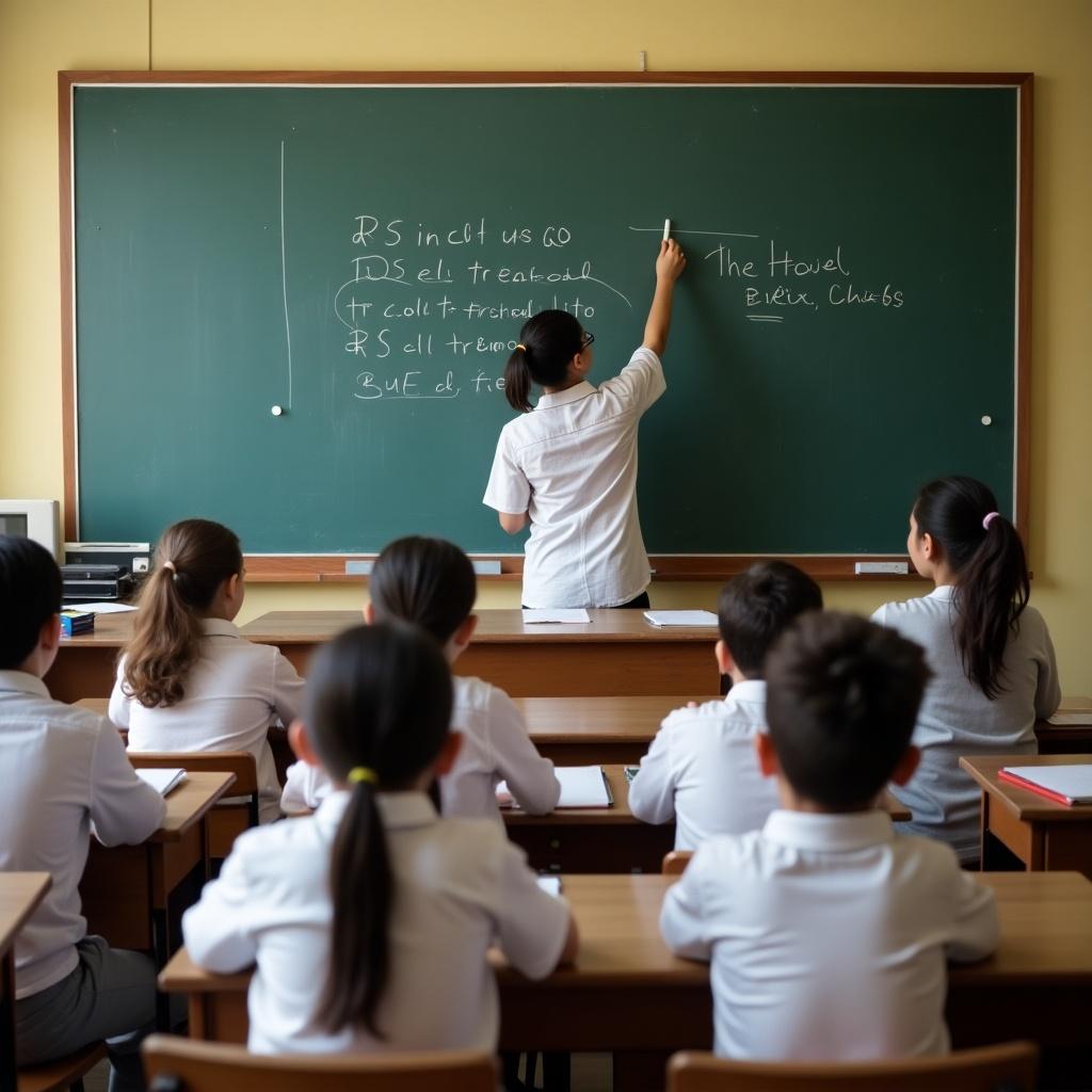 Students at desks listening to teacher. Teacher writes on blackboard. Teacher has chalk in one hand. Desk in front has a stapler and a notebook.