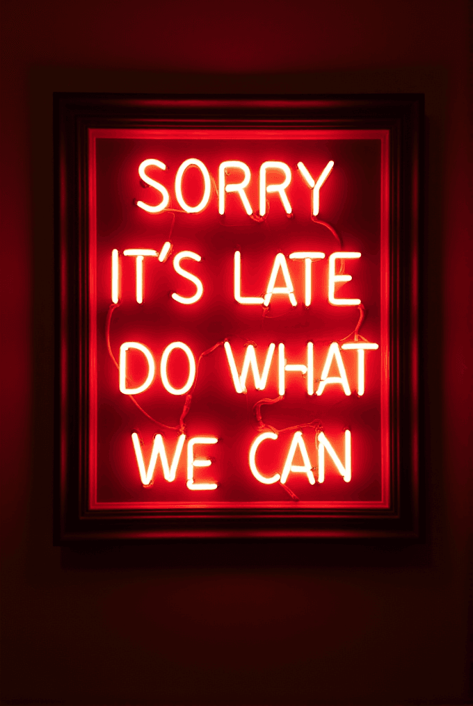 A framed red neon sign displays the message 'SORRY IT'S LATE DO WHAT WE CAN' against a dark background.