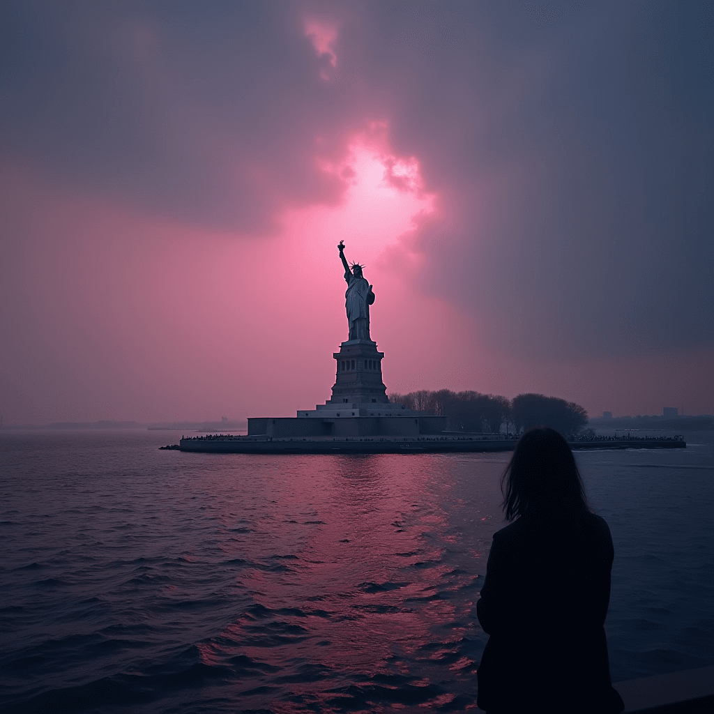 A silhouette of a person gazes at the Statue of Liberty against a dramatic pink and purple sunset sky.