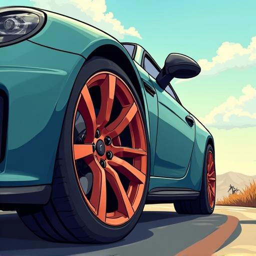 Cartoon style image of a car focusing on the wheel. Bright colors and a low-angle view capture the vibrant details of the wheel.