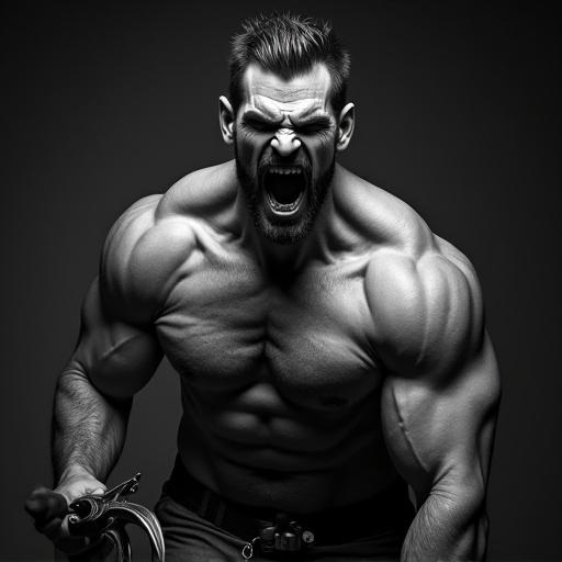 Muscular man with fierce expression holds claw-like weapon. Dark indoor environment. Black and white aesthetic. Close-up shot.