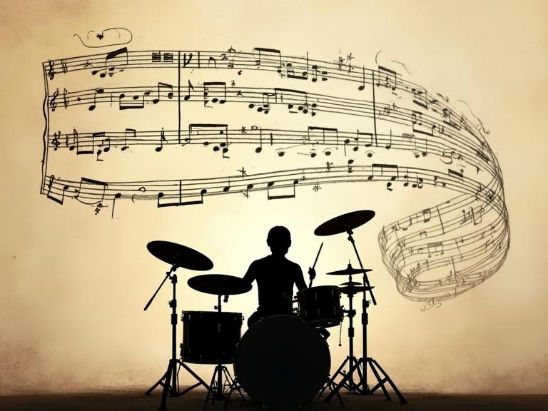 Sheet music appears in the air resembling a piece of paper. A silhouette shadow of a drummer plays the drums. Background is beige with the music flowing elegantly.
