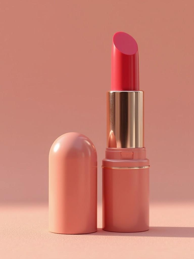 Lipstick presented on a pink backdrop. The lipstick is a vibrant shade of pink. The lipstick case is sleek and modern. The overall aesthetic is clean and attractive. Focus on the eco-friendly aspect of the product.