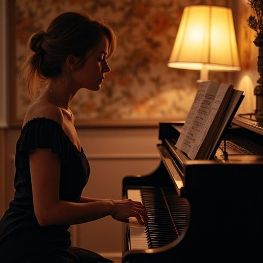 Woman plays piano in a cozy room. Warm light ambiance from a lamp. Sheet music visible on the piano. Elegant and peaceful surroundings.