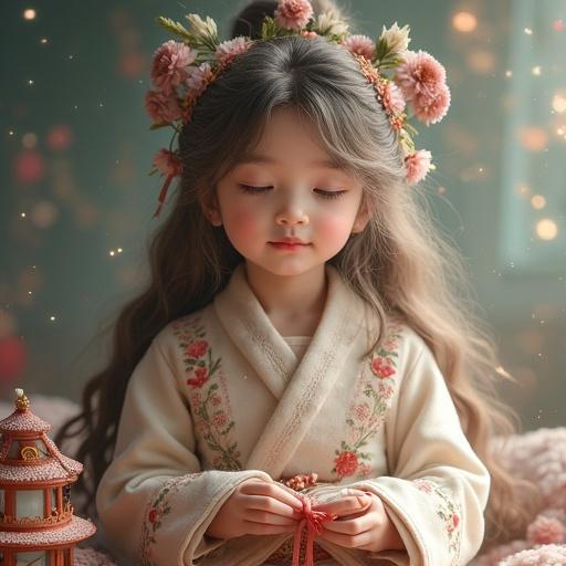 A girl with a floral crown in soft clothing sits serenely. The focus is on her gentle expression. Background elements hint at creativity and nature.