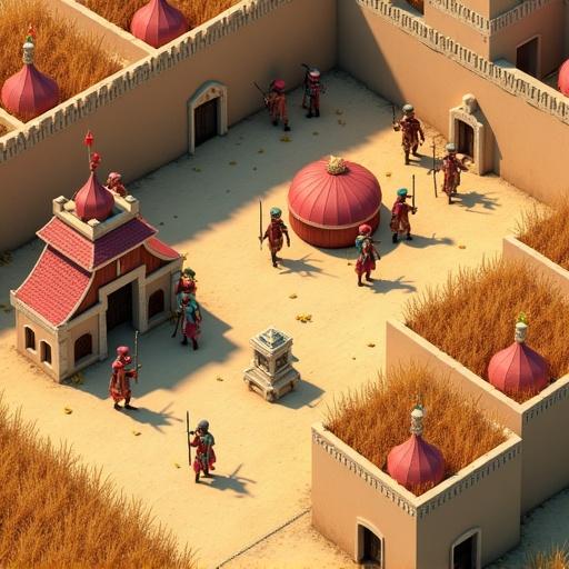 Isometric low poly view of a medieval Ottoman Turkish village with wheat fields and a small shrine to a Sufi mystic. The game screenshot highlights a real-time strategy interface with unit selection boxes, resource counters for food and wood, and a minimap with fog of war. Player units include archers and janissaries, positioned in formation, ready for attack. Visual style features warm daylight with soft shadows. Screen resolution is 3840x2160 Ultra HD, 16:9 aspect ratio. UI shows tactical commands and status effects above units.