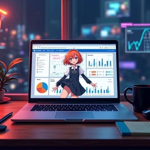 Anime style image featuring a laptop computer screen with a digital dashboard showing charts graphs and a calendar. An anime girl with orange hair and white headphones is in the center of the screen wearing a dark grey jumper dress and smiling. She is in a dynamic pose with navy blue mid-calf socks and arms outstretched. The background includes data visualizations with a glowing effect. The laptop is on a wooden table accompanied by a black wireless keyboard mouse sticky notes and a pen. A black mug is in the background. The lighting is ambient and colors are muted and dark with a modern technical style. The perspective is straight-on above the laptop with neon lights in the background.