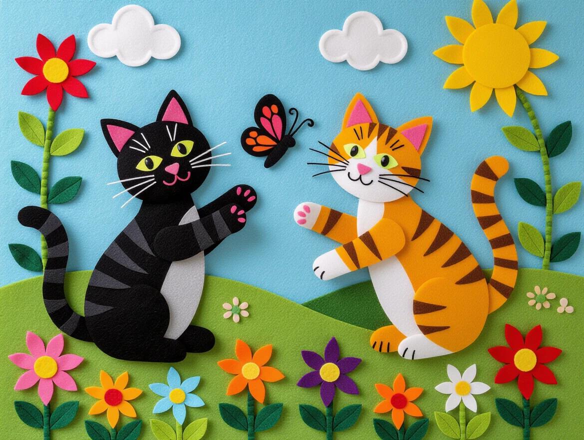 Felt art depicting playful black and orange cats. Cats interact with a butterfly. Bright summer scene with flowers and blue sky. Colors include green grass and sunny elements. Ideal for children decor.