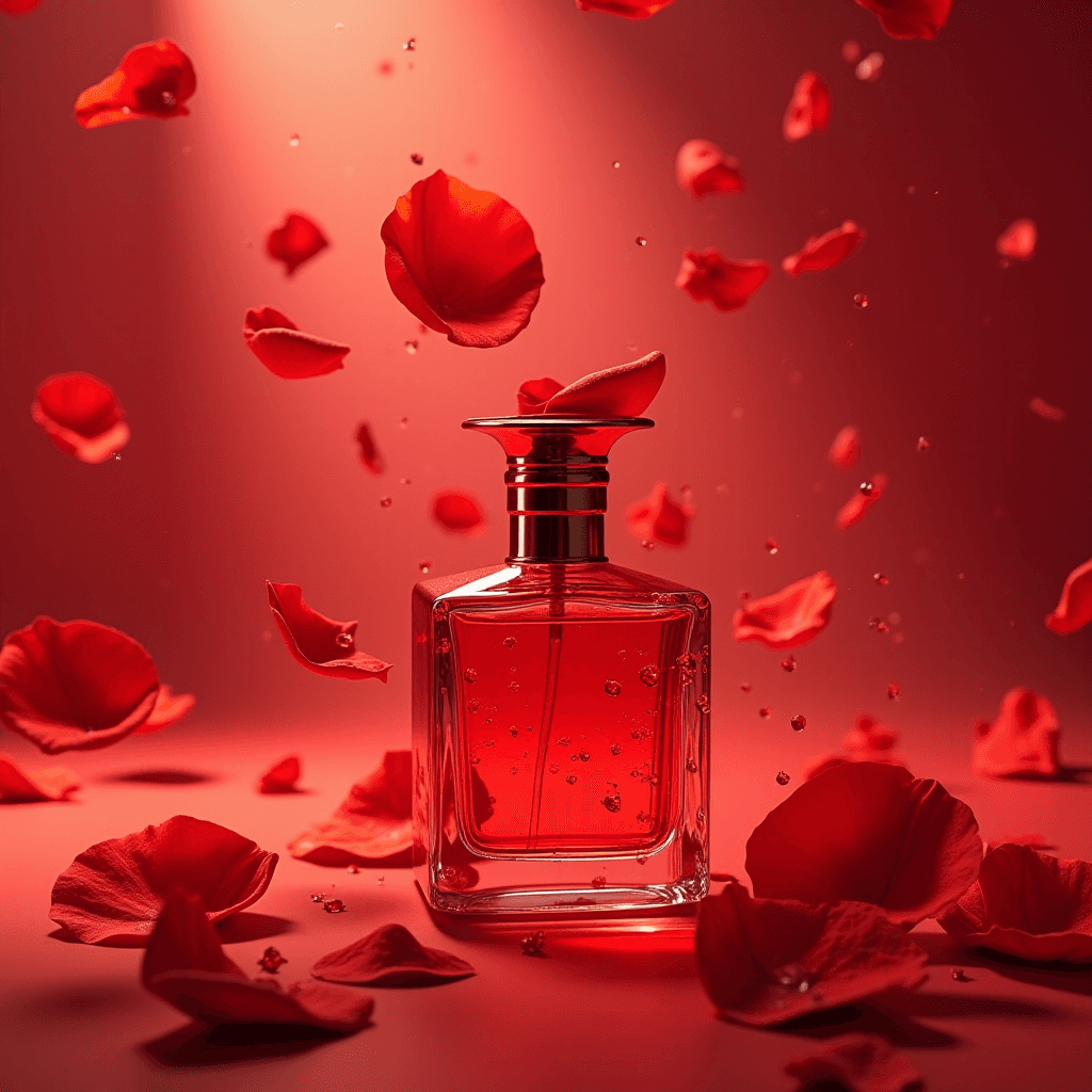 A perfume bottle surrounded by floating red petals in dramatic lighting.