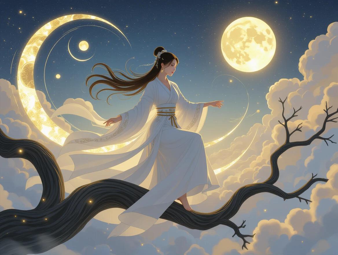 A celestial maiden in white hanfu standing barefoot on a twisting tree branch. Surrounded by a cosmic dreamscape with swirling golden orbs and clouds. Glowing twin moons illuminate a surreal starlit sky. The maiden is in a dynamic pose with long flowing hair. The atmosphere is ethereal. The artwork has cinematic lighting and a whimsical feel, with soft light and elegant composition.
