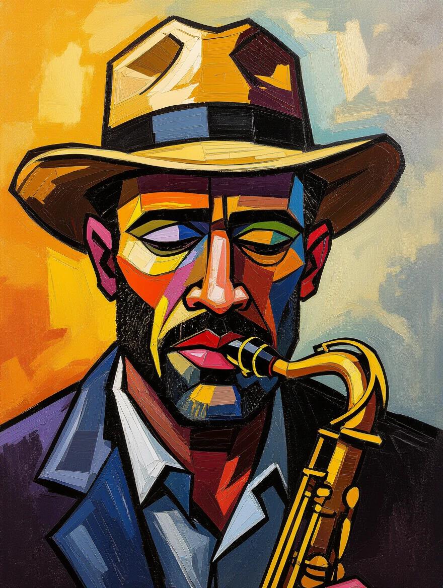 Intense portrait features a jazz musician mid-performance. Thick impasto oil paint applied with palette knife. Sculptural paint texture creates dimensional facial features. Bold strokes follow facial contours. Rich earth tones with golden highlights. Van Gogh inspired technique. Masterpiece portrait painting.