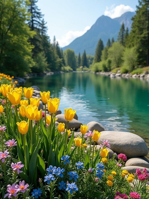 A vibrant natural landscape with yellow tulips in the foreground alongside pink and blue flowers. Calm emerald water reflects mountains and trees. Bright sunny sky enhances colors.