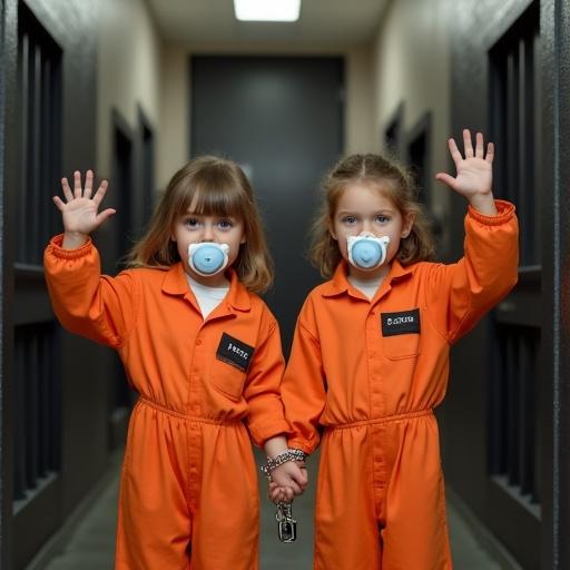 Playful mother and two children in orange jail jumpsuits. Children handcuffed and waving goodbye. Oversized pacifiers in mouths. Scene in a jail setting. Mother leaves while kids are locked up.