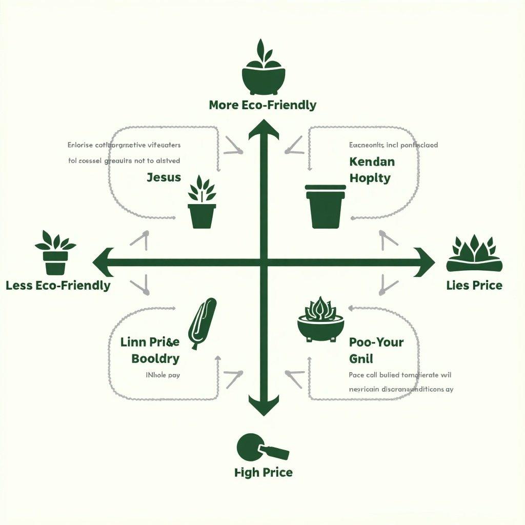 Positioning map for smart garden systems. Eco-friendly is on the x-axis; less eco-friendly is on the right side. High price on the top; low price is at the bottom. Brands include Jesus, Kendan Hoplty, Linn Prise Boodlry, and Poo-Your Gnuil.