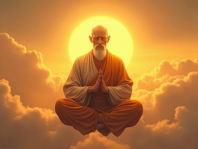 Realistic image of an elderly male monk with wiry muscular build and deeply wrinkled golden-brown skin. Long white eyebrows and mustache, bald head, and narrowed serene eyes. Wearing a simple monk gi with a sun symbol, seated in mid-air lotus position, palms together. Glowing golden aura surrounding him, high in clouds during sunrise. Air humming with power and wisdom.