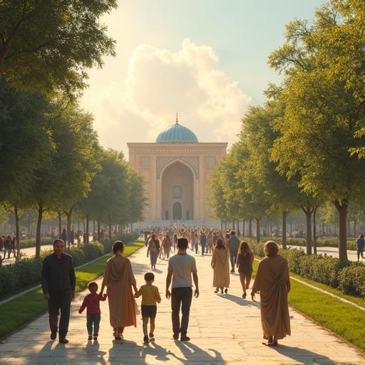 People walking together in a park. Families enjoying time. Children playing and creating art. Elders smiling and sharing stories. Clean streets and greenery present. Traditional architecture blends with modern designs. Symbolic elements of ancient Persian civilization visible. Modern and traditional clothing worn. Hopeful atmosphere with warm sunlight and a clear sky.
