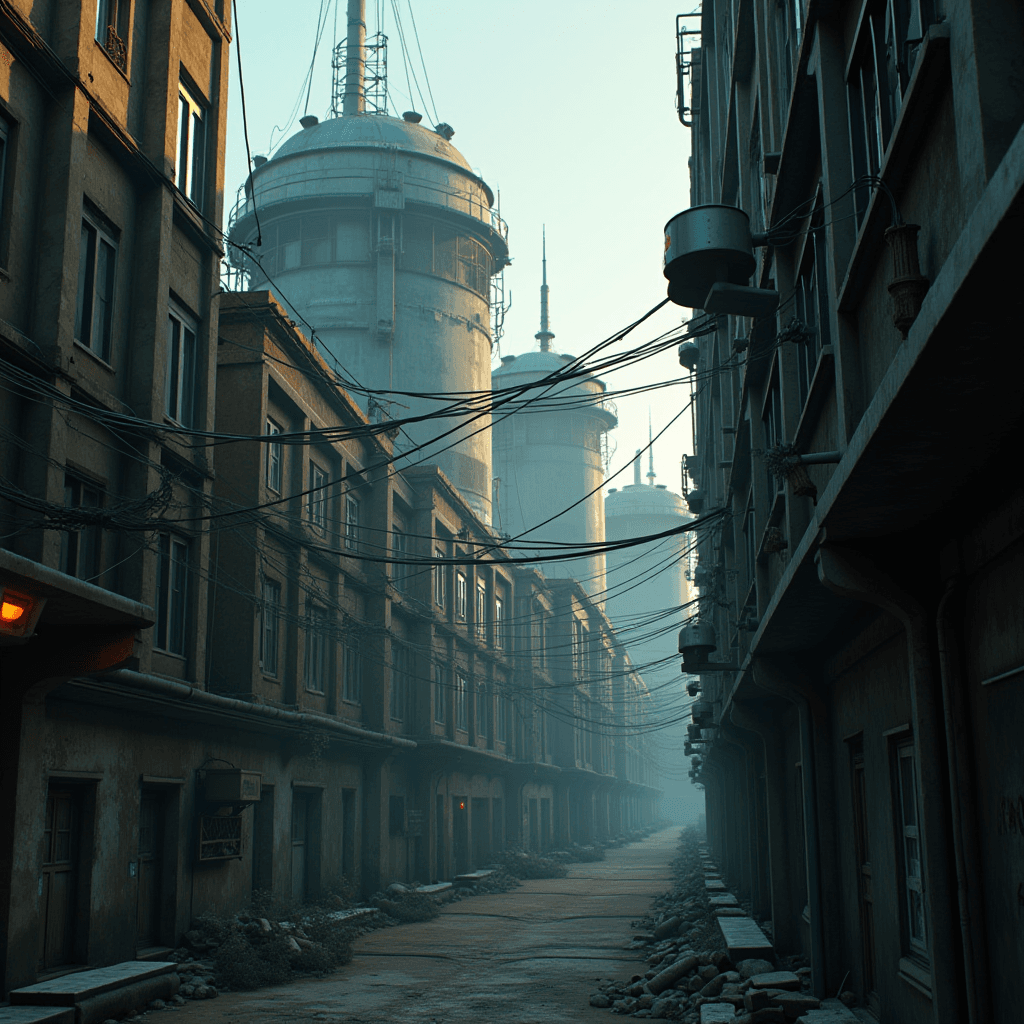 A misty alleyway flanked by old buildings with overhead wires and distant industrial towers.