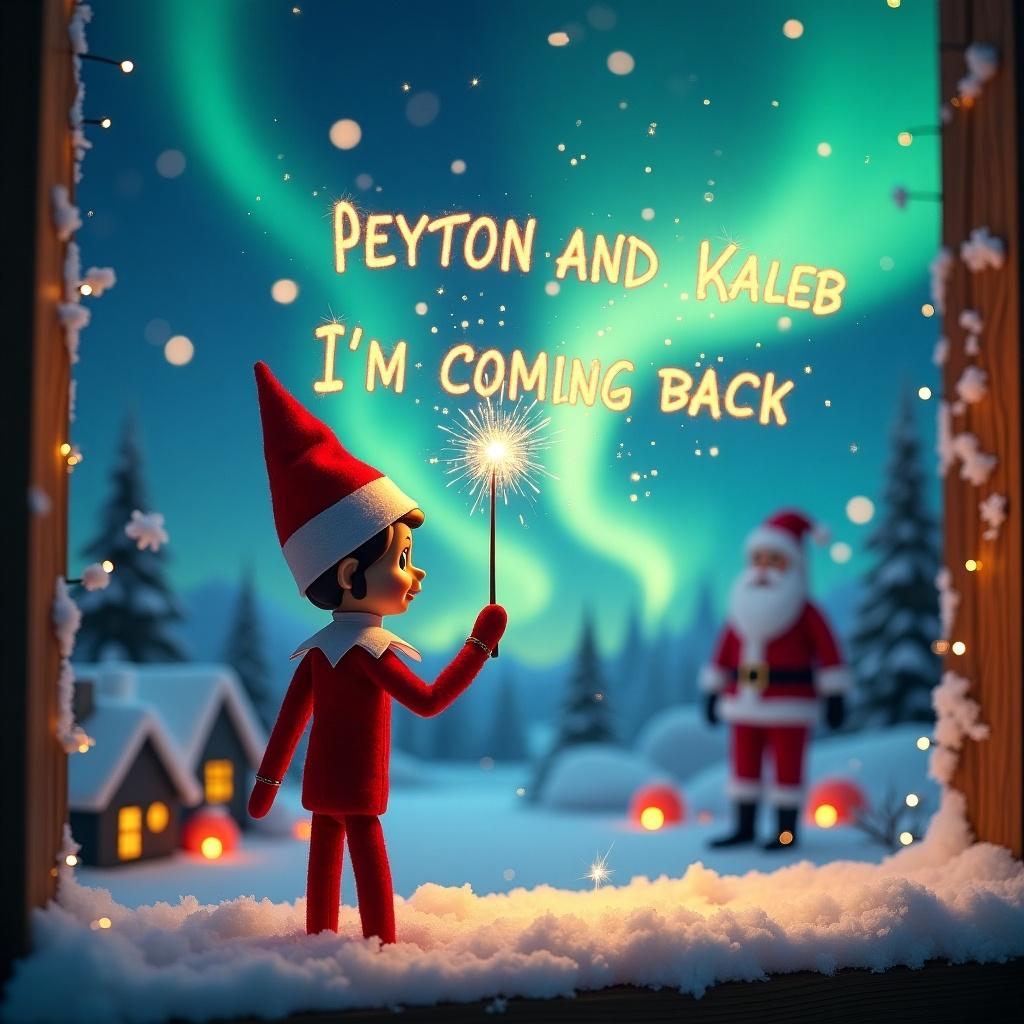 This image features the iconic Elf on the Shelf character with his back turned to the viewer. He faces a vibrant sky, using a wand to write magical sparkles that say, 'Peyton and Kaleb I’m coming back.' The backdrop showcases beautiful northern lights, casting a mystical glow over a snow-covered landscape. In the distance, Santa Claus adds to the festive atmosphere, surrounded by whimsical houses with warm lights. The entire scene exudes a warm and inviting Christmas spirit, perfect for the holiday season.