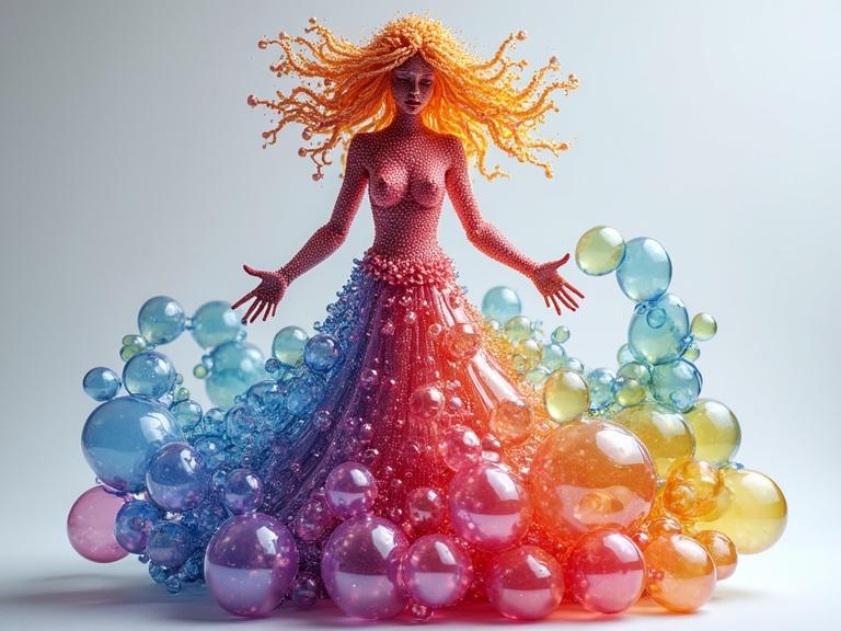Masterpiece 3D vibrant statuette made of bubbles. Figure made of colorful bubbles resembling a dress. Detailed hair made of bubble-like structures. Stands with arms open. Dynamic colors blend beautifully.