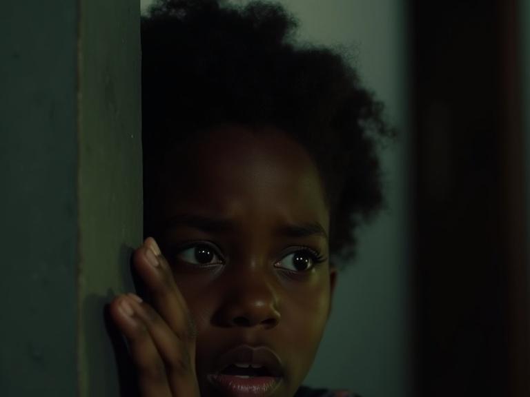 A tense night scene inside a luxury home. A girl hides behind a wall, listening as a man and woman plot. Her face shows fear and anger with wide eyes in the dark.