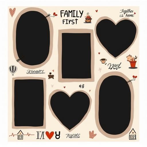 Square minimalist family-themed photo collage layout with five black-framed slots for photos. Frames overlap in stylish shapes. Background is soft white or warm grey. Subtle family doodles and text stickers included. Clean and warm design covering most of the canvas.