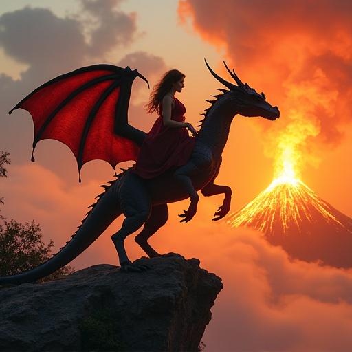 A woman in a flowing dress rides a majestic dragon soaring over an erupting volcano. The sunset casts orange and red hues in the sky creating a dramatic backdrop.