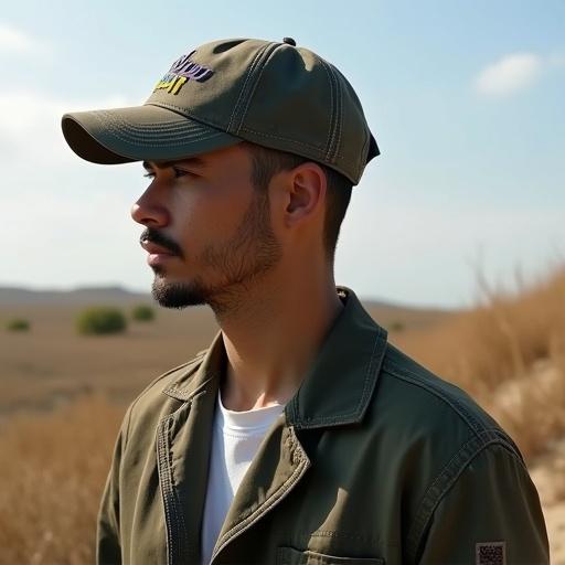 Profile picture of a young man in a cap set in a scenic outdoor background. Soft lighting enhances facial features. Natural earthy tones surround the subject. Clear focus on profile with blurred background.