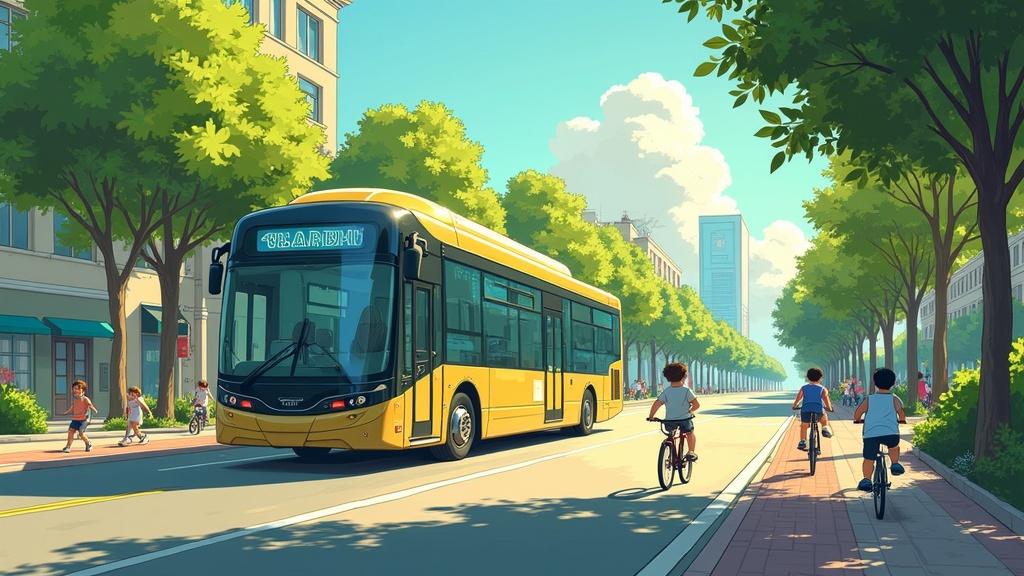 Futuristic yellow bus drives on bustling city street. Parallel bike lane filled with cyclists. Children play joyfully in nearby park. Lush greenery and solar panels are present. Environment is peaceful yet lively. Dynamic lighting and soft painterly textures used.