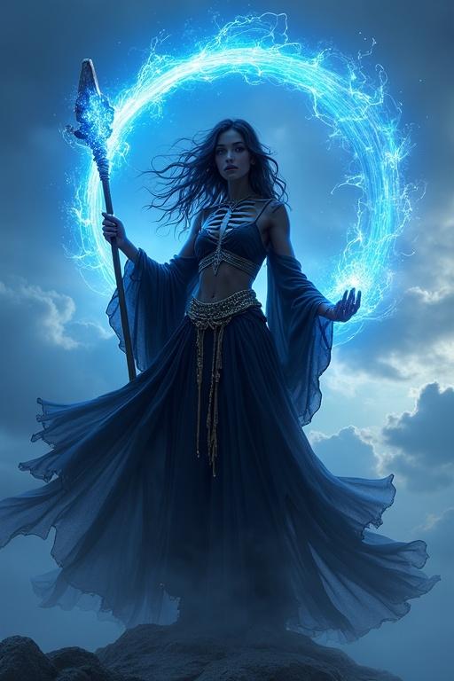 Dark-skinned young adult female sorceress standing dramatically. Holding staff with electric blue energy ring surrounding her. Confident expression with strong physique. Wearing dark robe with gold accents. Visible skeletal structure under garment. Azure energy swirling creating halo effect. Blue sky with clouds. Full body shot from low angle emphasizing grandeur. High detail in facial features and body. Subtle lighting highlighting form.