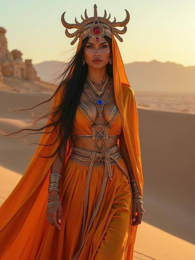 A nomadic queen appears from the sun-scorched dunes. Her silk robes flow in hues of burnt orange and deep sapphire. Skin glows with flecks of mica. She wears an elaborate headdress of sun-bleached bones and desert stones. Intricate markings on hands and arms glow in twilight. Eyes reflect the horizon. Ancient ruins and dunes form the backdrop.