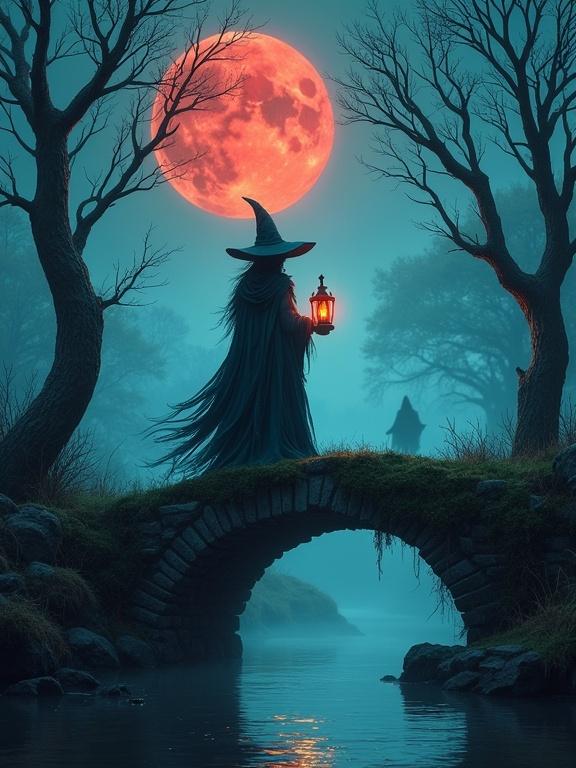 A lone witch stands on a mossy stone bridge under a blood moon. She wears a tattered cloak and holds a lantern glowing with blue flame. Twisted trees surround her. Faint ghostly figures linger in the mist.