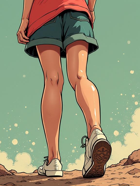 A comic-style illustration features a person with wobbly knees walking. The person wears shorts and sneakers. Legs are prominently shown from a low angle. The background is simplistic. Color palette is vibrant with turquoise and peach.