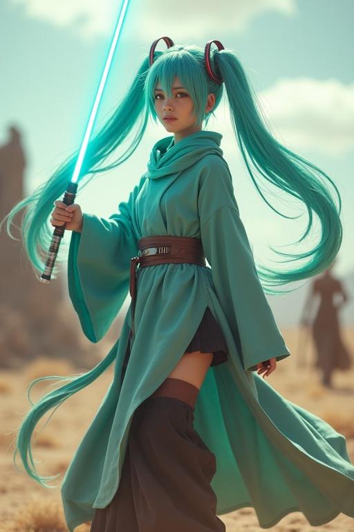Character in a jedi robe holding a turquoise lightsaber. Background of a battlefield. Character has long teal hair, light clothing, and is in a dance pose. Soft daylight creates a dynamic feel.