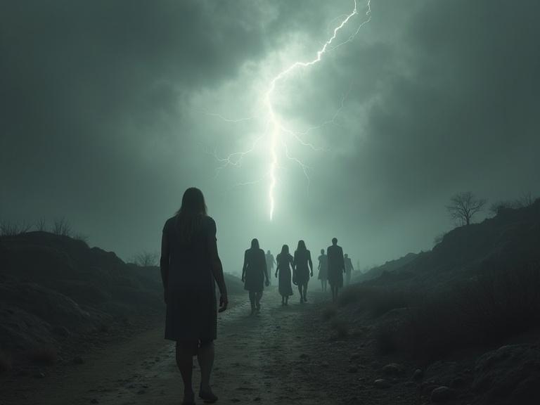 Somber scene with ancient humans. They walk away from fading divine light. Dark barren landscape surrounds them. Symbolic style with cool gray tones. Aspect ratio 9:16.