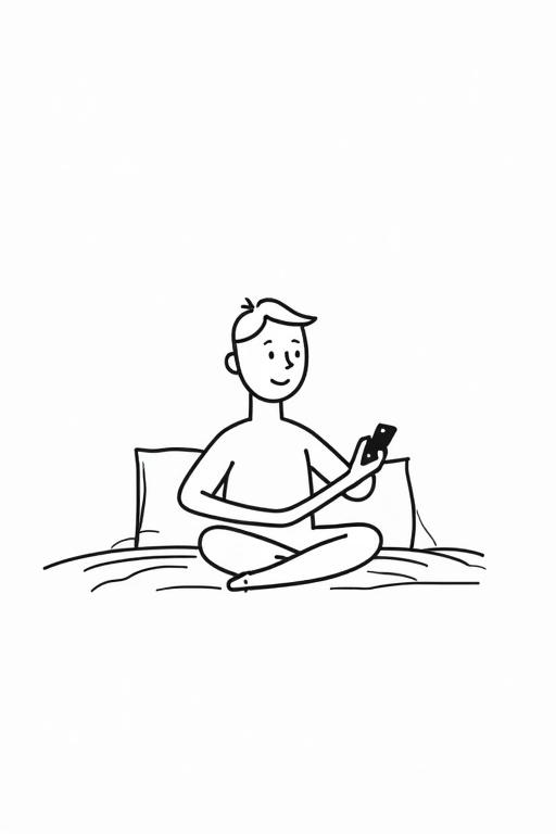 Stickman character sits on a bed. Character holds a phone in one hand. Simple clean lines used. Black and white color scheme. Character's face not shown.