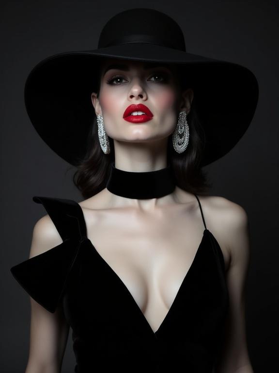 High-contrast studio-style portrait of a woman. Dramatic and elegant appearance. Wearing a large black hat. Shadow over her eyes. Skin is light. Striking red lipstick. Large earrings sparkle. Black velvet choker. Deep V-neck black dress. Dark gradient background highlights features.