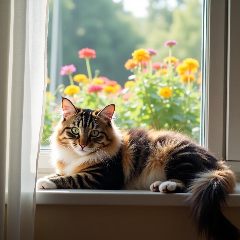 Fluffy domestic cat lounges on window sill. Cat has black, orange, and white fur. Striking green eyes reflect sunlight. Colorful flowers bloom in garden outside window. White curtains gently flutter.