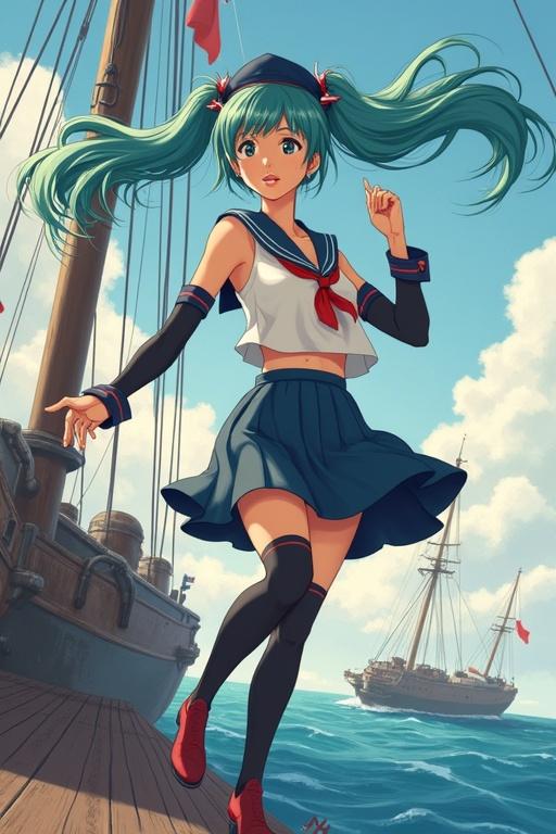 Dancing character in sailor uniform on a ship. Character has teal hair and a fun pose. She is holding a leek. Background includes a frigate and ocean.