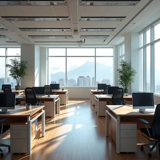 Empty office space with 15 desks and chairs. Laptops on some desks. Large windows provide natural light.