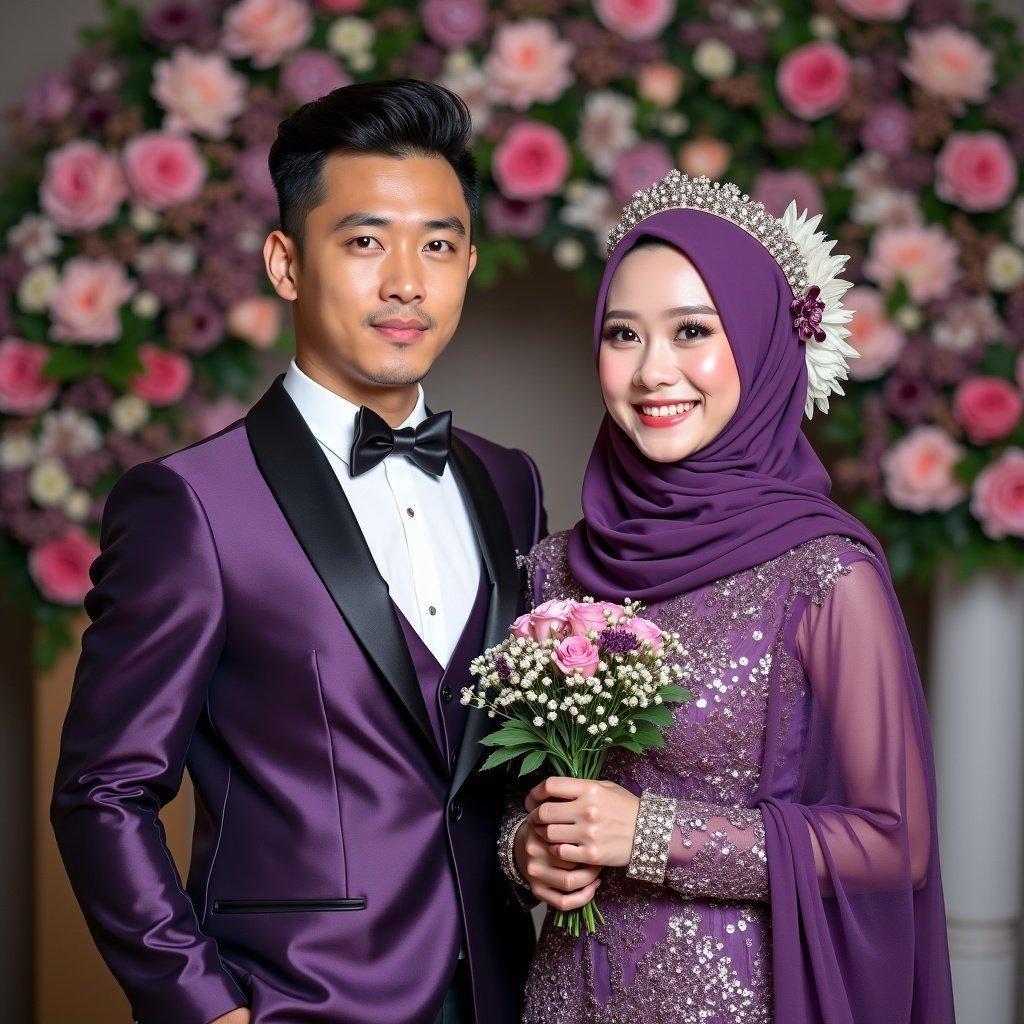 Elegant Muslim wedding with a beautiful floral background highlighting a couple in purple attire. The groom is handsome, and the bride is a beautiful mix of Malay and Korean heritage. Couple is facing straight ahead, showcasing their outfits.