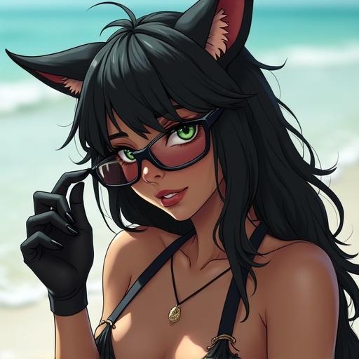 A woman with anthropomorphic feline features and all black fur wearing a bikini removes her sunglasses while looking at the camera. The character poses confidently with one claw on the bikini strap and her other paw holding the sunglasses to the side, with a beach background.