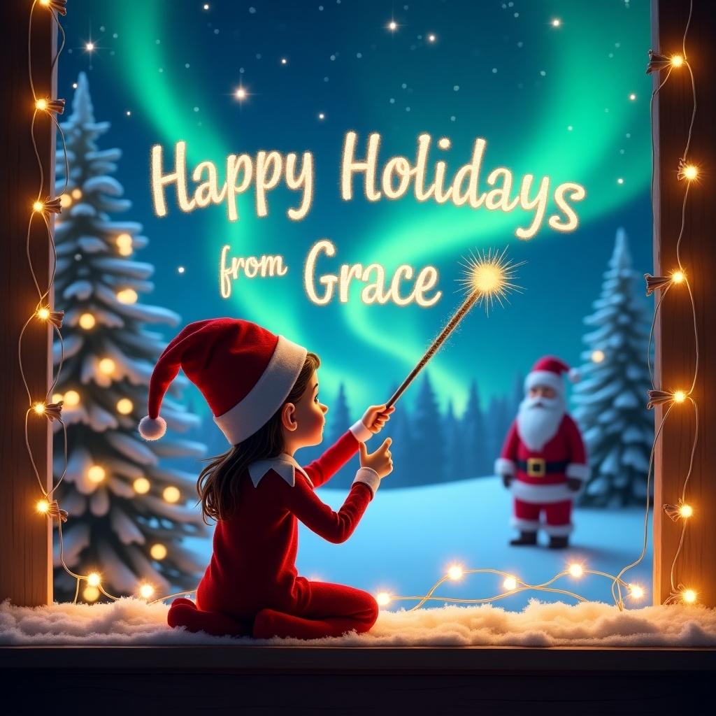 Enchanting scene features girl elf on the shelf. She's using a wand to write 'Happy Holidays from Grace'. Background includes vibrant night sky, decorated snow-covered trees, and Santa in the distance. Wonder filled atmosphere with twinkling lights.