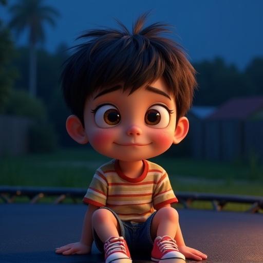 A 7-year-old boy with a stocky build and light tan skin. He has short tousled dark brown hair and big hazel eyes. He wears a striped short-sleeved shirt, denim shorts, and red sneakers. He sits alone on a trampoline in the backyard under the stars, waiting sadly with a curious expression.